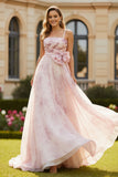 Floral Blush Spaghetti Straps A Line Long Prom Dress With Lace up Back