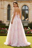Floral Blush Spaghetti Straps A Line Long Prom Dress With Lace up Back