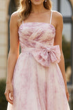 Floral Blush Spaghetti Straps A Line Long Prom Dress With Lace up Back