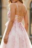 Floral Blush Spaghetti Straps A Line Long Prom Dress With Lace up Back
