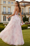 Blush Flower A Line Spaghetti Straps Long Prom Dress With Slit