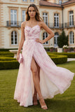 Blush Flower A Line Spaghetti Straps Long Prom Dress With Slit