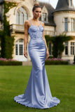 Light Blue Corset Satin Spaghetti Straps Mermaid Long Prom Dress