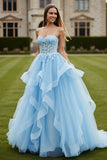 Sky Blue Ruffle Spaghetti Straps Long Ball Gown Prom Dress With Lace up Back