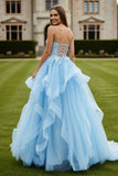 Sky Blue Ruffle Spaghetti Straps Long Ball Gown Prom Dress With Lace up Back