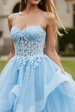 Sky Blue Ruffle Spaghetti Straps Long Ball Gown Prom Dress With Lace up Back
