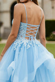 Sky Blue Ruffle Spaghetti Straps Long Ball Gown Prom Dress With Lace up Back