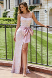 Corset Blush Pink Spaghetti Straps Bow Sheath Long Prom Dress With Slit