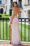 Corset Blush Pink Spaghetti Straps Bow Sheath Long Prom Dress With Slit