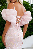Blush Pink Floral Corset Cold Shoulder Mermaid Long Prom Dress With Lace up Back