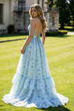 Blue Flower A Line Spaghetti Straps Long Prom Dress With Lace up Back