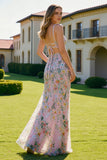 Lilac Floral Sheath Bow Long Prom Dress With Slit