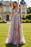 Floral Lilac V-Neck A Line Long Prom Dress With Slit