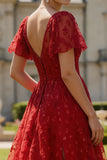 Dark Red Sequin Bateau Neck A Line Long Prom Dress With Short Sleeves