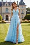 Sky Blue A Line Spaghetti Straps Applique Long Prom Dress With Slit