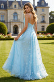 Sky Blue A Line Spaghetti Straps Applique Long Prom Dress With Slit