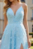 Sky Blue A Line Spaghetti Straps Applique Long Prom Dress With Slit