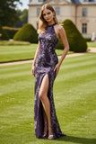 Halter Mermaid Grape Beaded Long Prom Dress With Slit