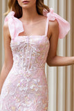 Candy Pink Sheath Corset Sequin Long Prom Dress With Slit