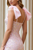 Candy Pink Sheath Corset Sequin Long Prom Dress With Slit