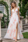 Ivory Pink Flower A Line Spaghetti Straps Long Prom Dress With Slit