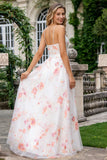 Ivory Pink Flower A Line Spaghetti Straps Long Prom Dress With Slit
