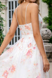 Ivory Pink Flower A Line Spaghetti Straps Long Prom Dress With Slit