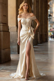 Off the Shoulder Champagne Ruched Bowed Long Prom Dress With Slit