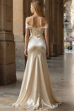 Off the Shoulder Champagne Ruched Bowed Long Prom Dress With Slit