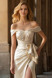 Off the Shoulder Champagne Ruched Bowed Long Prom Dress With Slit