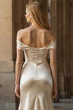 Off the Shoulder Champagne Ruched Bowed Long Prom Dress With Slit
