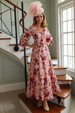 Dusty Rose Floral A Line V-Neck Mother of the Bride Dress with 3/4 Sleeves