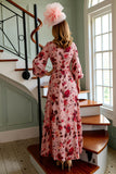 Dusty Rose Floral A Line V-Neck Mother of the Bride Dress with 3/4 Sleeves