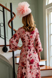 Dusty Rose Floral A Line V-Neck Mother of the Bride Dress with 3/4 Sleeves