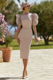Dusty Rose High Neck Pencil Midi Mother of the Bride Dress with Puff Sleeves