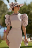 Dusty Rose High Neck Pencil Midi Mother of the Bride Dress with Puff Sleeves