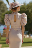 Dusty Rose High Neck Pencil Midi Mother of the Bride Dress with Puff Sleeves