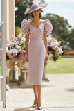 Blush Pink Sheath V Neck Midi Mother of the Bride Dress with Puff Sleeves