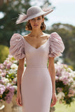 Blush Pink Sheath V Neck Midi Mother of the Bride Dress with Puff Sleeves