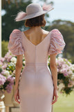 Blush Pink Sheath V Neck Midi Mother of the Bride Dress with Puff Sleeves