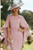 Sheath Dusty Rose Bateau Neck Midi Mother of the Bride Dress with Cape