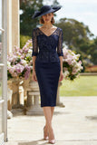 Navy V-Neck Sequin Pencil Midi Mother of the Bride Dress with Slit