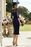 Navy V-Neck Sequin Pencil Midi Mother of the Bride Dress with Slit