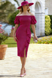 Off the Shoulder Sheath Fuchsia Ruffled Midi Mother of the Bride Dress with Slit