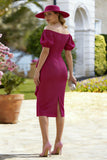 Off the Shoulder Sheath Fuchsia Ruffled Midi Mother of the Bride Dress with Slit