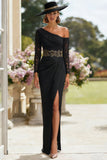 Black Sheath Lace One Shoulder Long Mother of the Bride Dress with Slit