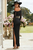 Black Sheath Lace One Shoulder Long Mother of the Bride Dress with Slit