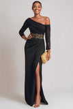 Black Sheath Lace One Shoulder Long Mother of the Bride Dress with Slit