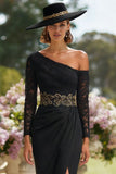 Black Sheath Lace One Shoulder Long Mother of the Bride Dress with Slit