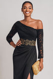 Black Sheath Lace One Shoulder Long Mother of the Bride Dress with Slit